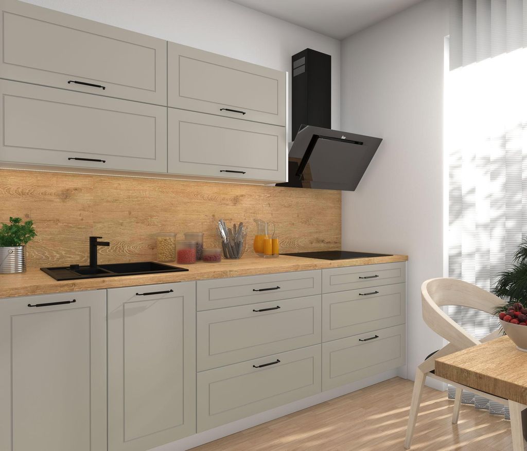 Modulare Küchenzeile KVANTUM Küchenblock 250cm Farbe & Ausführung wählbar REJS Comfortbox Vollauszug vanille matt weiß