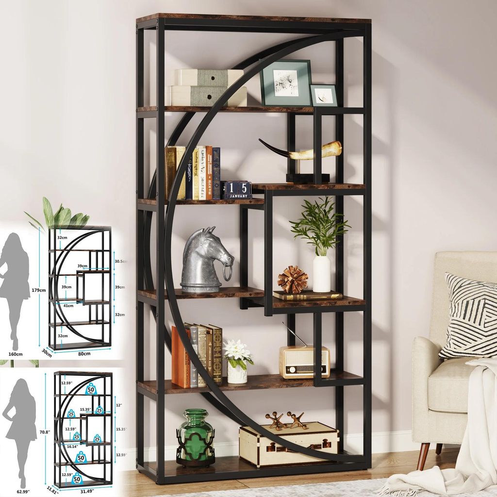 Bücherregal - Etagere mit 5 Ebenen - Industrieller Eisenrahmen & Holzpaneele - Freistehend, hoch - Retro/Antik-Stil - 30×95×175 cm - Rot