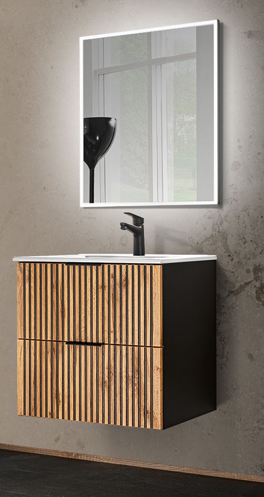 Waschplatz Set 61 cm mit Spiegel LED Beleuchtung XANTEN-56 in anthrazit mit Eiche Nb. schwarz gerillt, B/H/T: ca. 61/200/46 cm