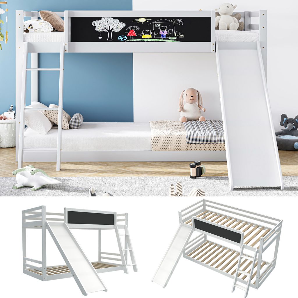 OPULHAUS Etagenbett 90*200 cm Kinderbett mit Rutsche und Tafel Hochbett mit Rausfallschutz Hausbett aus Kieferholz, mit Lattenrost für 2 Kinder weiß