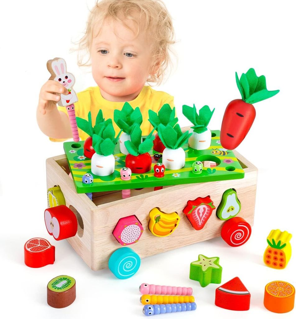 Montessori Spielzeug,süße Sortier Karottenernte Spiele Farben Obst Lernen, Holz Motorikspielzeug Steckspiele für Jungen Mädchen ab 2 Jahre