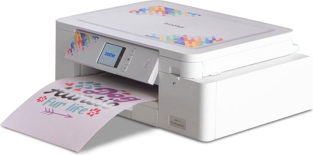 A white Brother sublimation printer is shown printing a colorful design onto a sheet of paper.