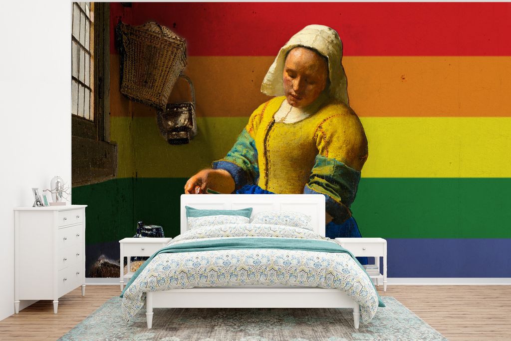 MuchoWow Fototapete für Wohnzimmer oder Schlafzimmer Wandtapete Vinyl Motivtapete Vermeer - Milchmädchen - Regenbogen - 295x220 cm - Wand Tapete