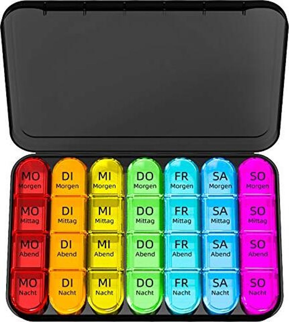 Tablettenbox 7 Tage Morgens Mittags Abends, Klein Pillendose Große Fächer, Medikamentenbox 4 fächer mit Einfachem Offenem Design für Unterwegs -