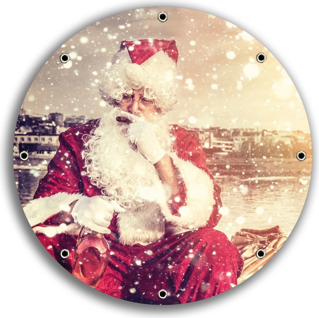 Wallario rundes Outdoor-Poster für Garten oder Balkon, Motiv Christmas-Party - Weihnachtsmann mit Schnaps und Zigarre, 30 cm Durchmesser