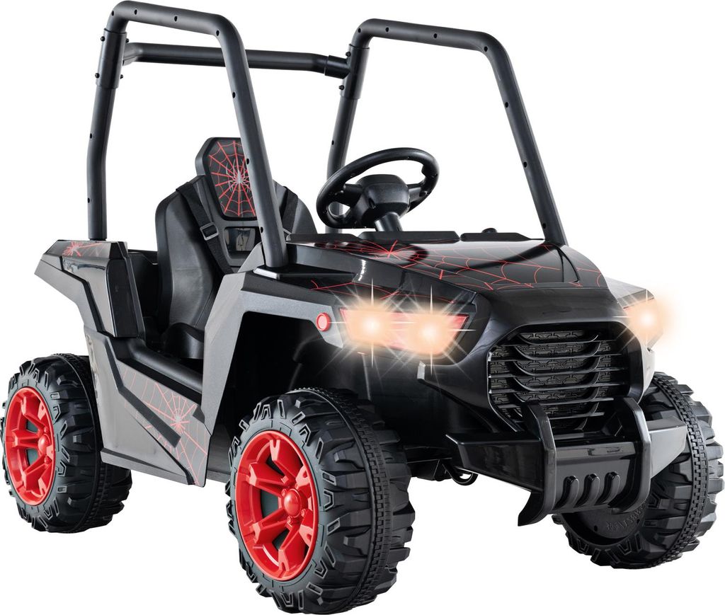 GOPLUS Kinder Elektroauto, Elektrofahrzeug UTV mit 3 verstellbaren Geschwindigkeiten, Musik, Hupe, Radio & LED-Lichter, Schwarz+Rot