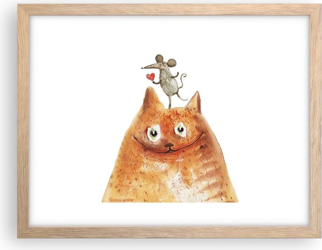 Gerahmtes Poster - Rahmen in heller Eiche - Katze Maus Kinder - 40x30 cm - Wand Bild - Wanddeko - Wandbilder - Wandposter - Bilderrahmen - Bilder -...