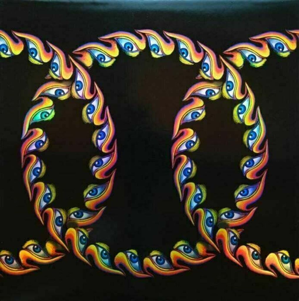 An abstract, psychedelic pattern of stylized eyes forming a chain-like structure against a black background.