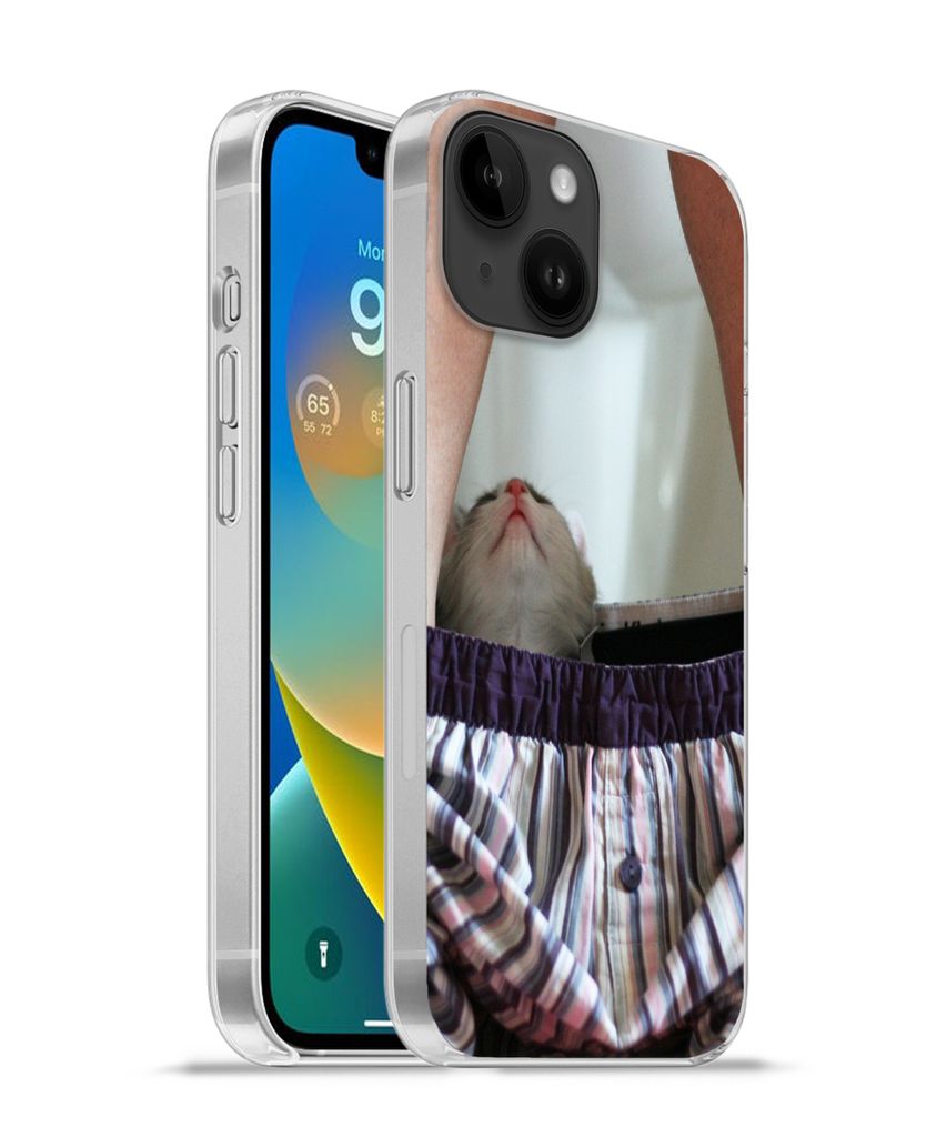 MuchoWow Handyhülle Schutzhülle Hülle für Apple iPhone 14 - Softcase Katze - Hose - Toilette Silikon Softcase Handy Hülle - Mobiltelefonhülle