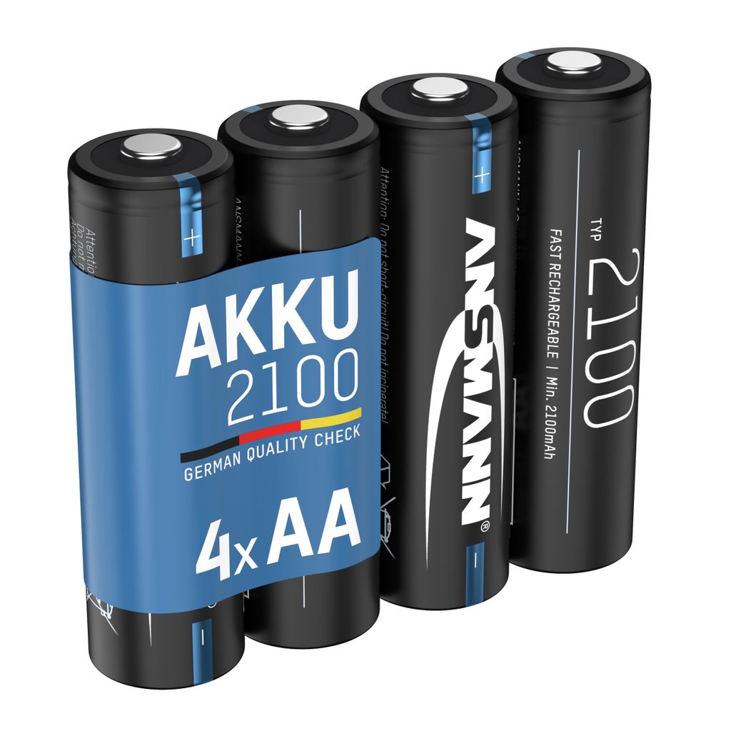 Four AA rechargeable batteries are arranged diagonally on a white background. The front battery has a blue label with white text and German flag colors.