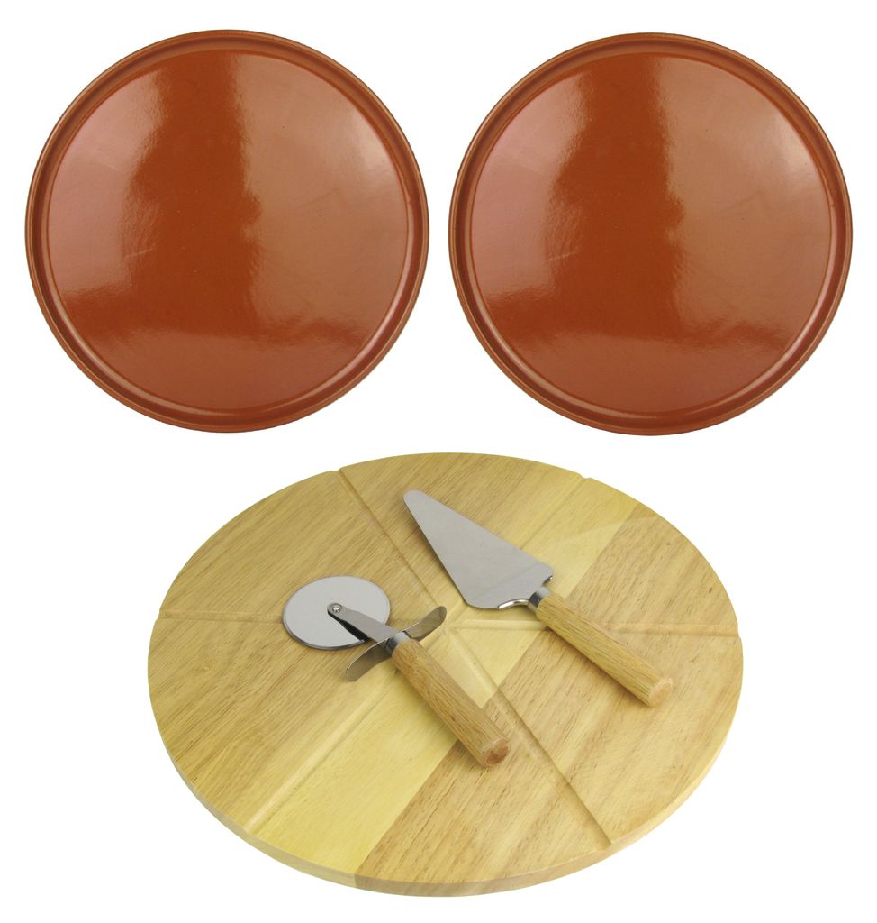 2er Set Mediterrane Pizzateller Ø 32cm inkl. Echtholz Pizzabrett Ø 35cm Edelstahl Pizzaschneider & Pizzaheber