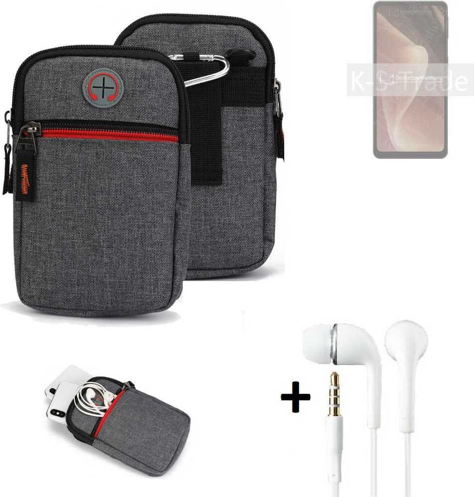 K-S-Trade Gürteltaasche + Kopfhörer kompatibel mit Sharp Aquos Sense7 Plus Handy Tasche Holster Schutz Hülle Handy Hülle grau Zusatzfächer 1x