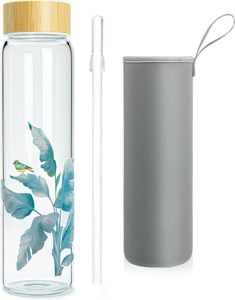 Glas-Trinkflasche mit Strohhalm und Bambusdeckel 1 Liter - Gesundes Hydrationsalternativ