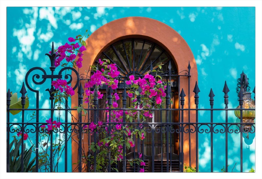 Wallario selbstklebendes Poster - Pinke Blumen vor türkisfarbener Fassade, Größe: 61 x 91,50 cm