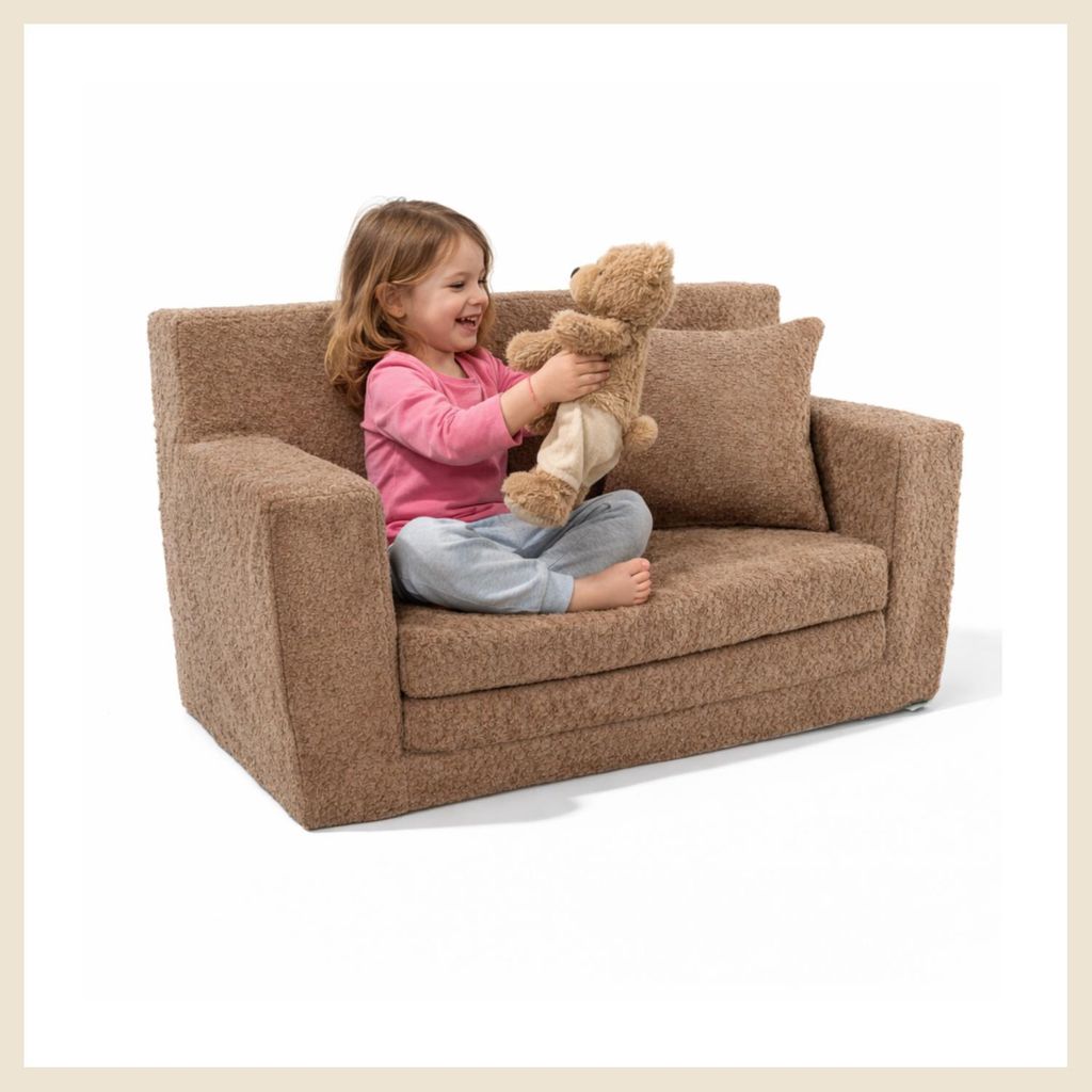 Kindersofa aus Schaumstoff in Hellbraun ausklappbar und bequem, stilvolles Polstersofa für Kinderzimmer zum Sitzen, Lesen und Entspannen