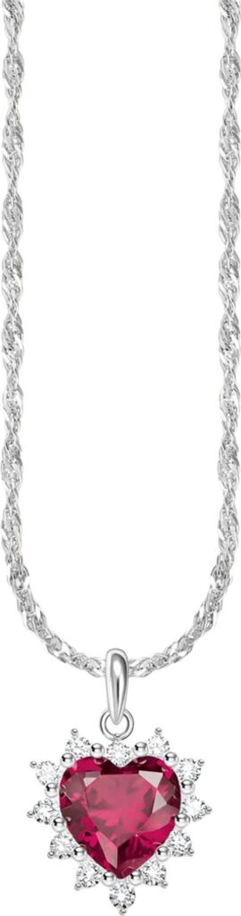 A silver necklace with a heart-shaped red pendant surrounded by small clear stones, presented on a white background.