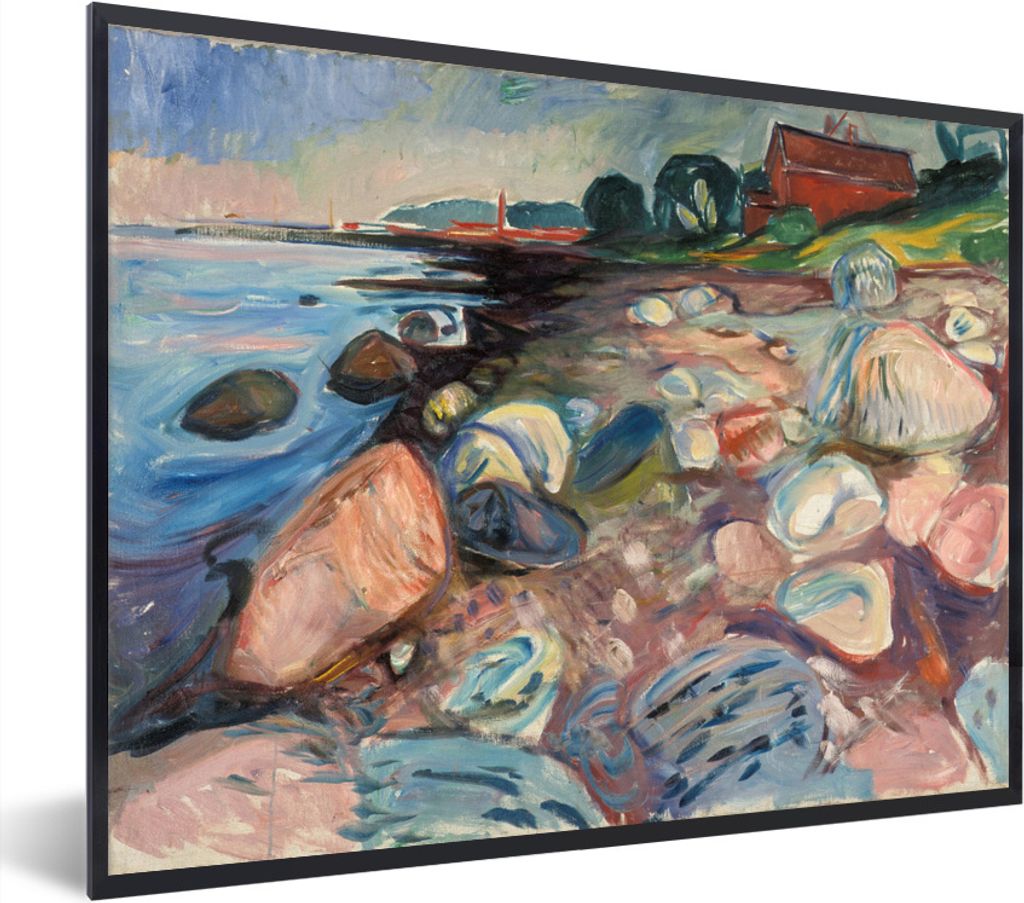 MuchoWow MuchoWow Gerahmtes Poster Bank mit rotem Haus - Edvard Munch 80x60 cm - Poster mit zchwarzem Bilderrahmen - Schwarzem - Mit Gestell