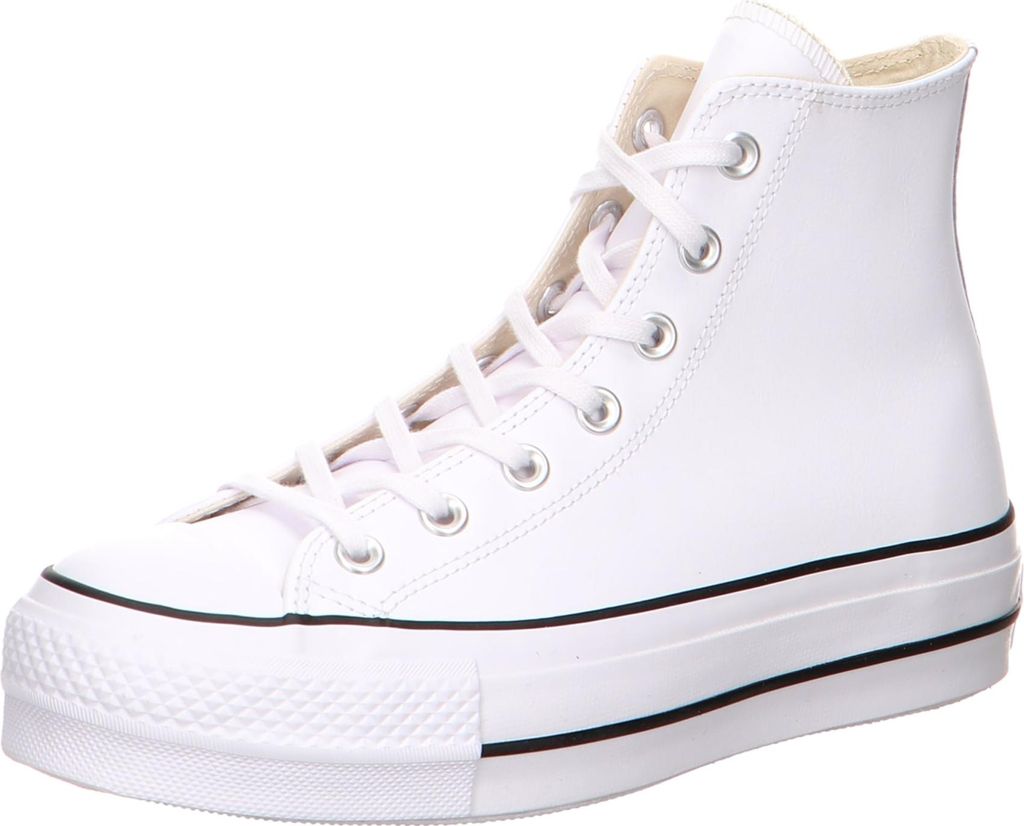 A single white high-top sneaker with a platform sole, shown from a side-diagonal angle against a white background.