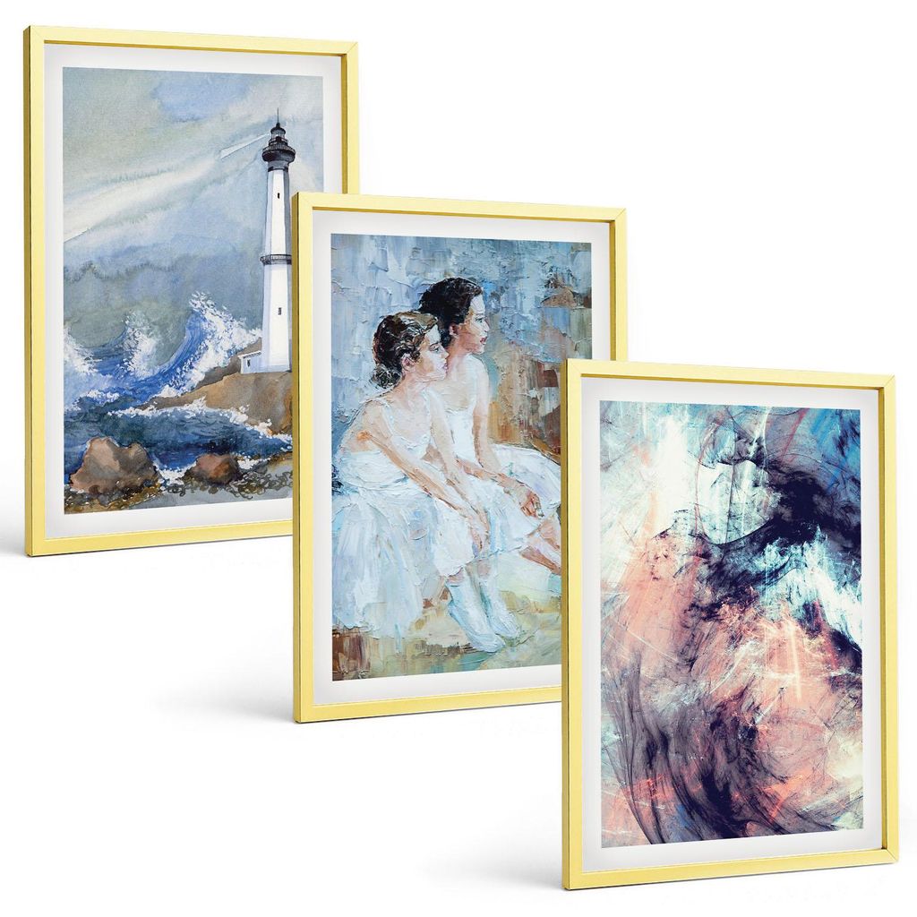 Bilder Set 3-teilig im Goldrahmen Rahmen – Wandbilder 3 Stück – gerahmte Poster für Wohnzimmer, Schlafzimmer und Flur – 40x60 cm – Leucht...