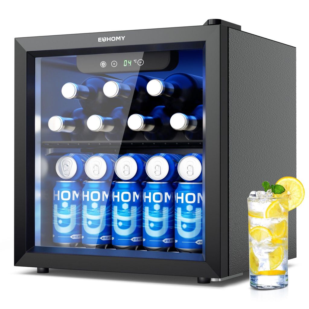 A mini beverage cooler filled with bottles and cans, with a glass of lemonade on the side.