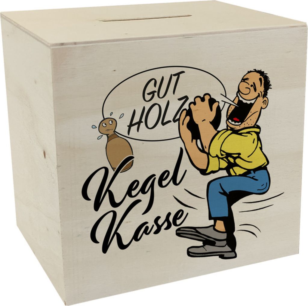 Kegelkasse Spardose aus Holz Gut Holz in weiß mit lustigem Produktbild 