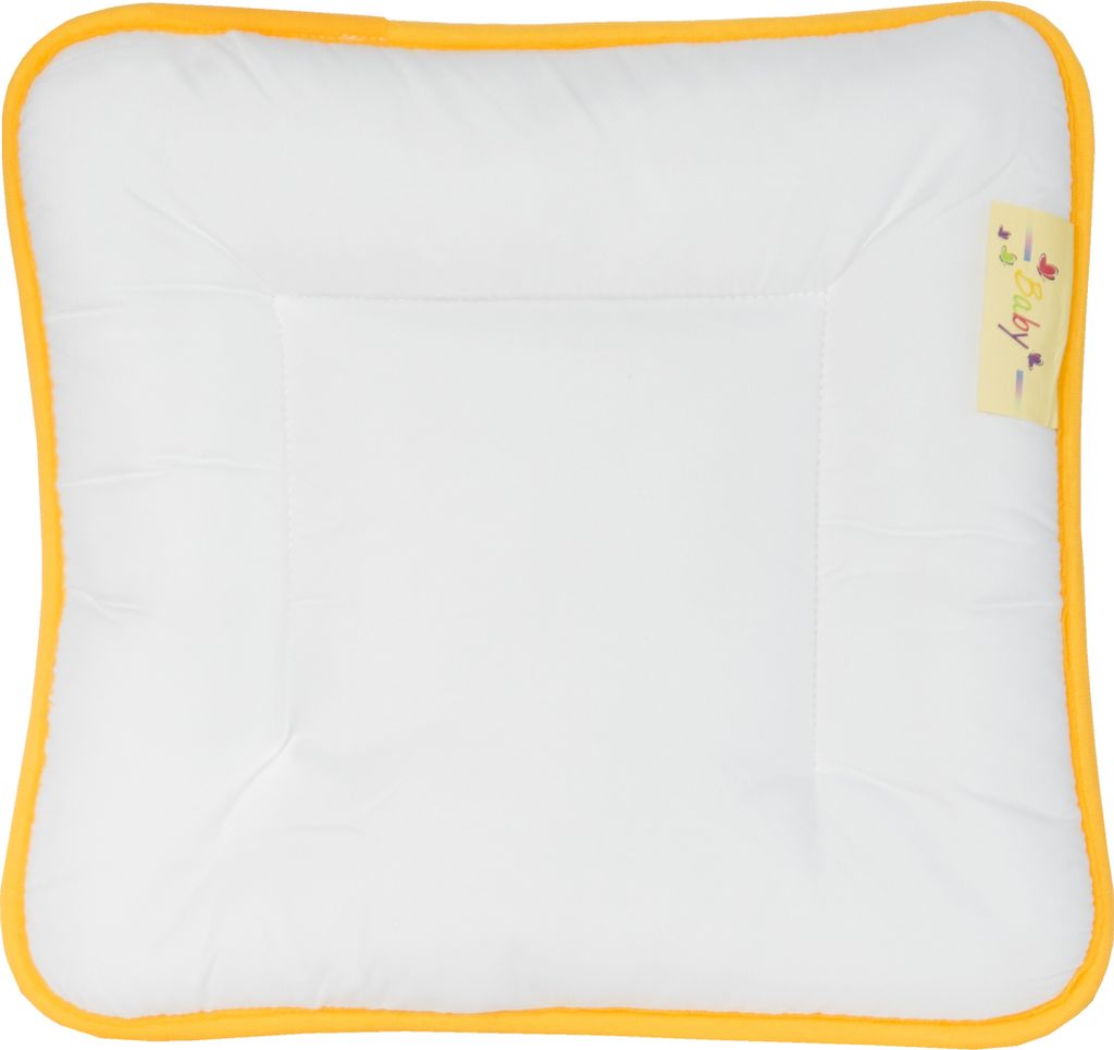 A flat baby pillow with a yellow border and a small yellow tag with text and graphics.