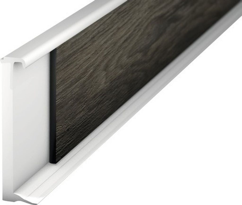 A close-up, angled view of a white PVC skirting board with a dark wood-effect insert, set against a white background.