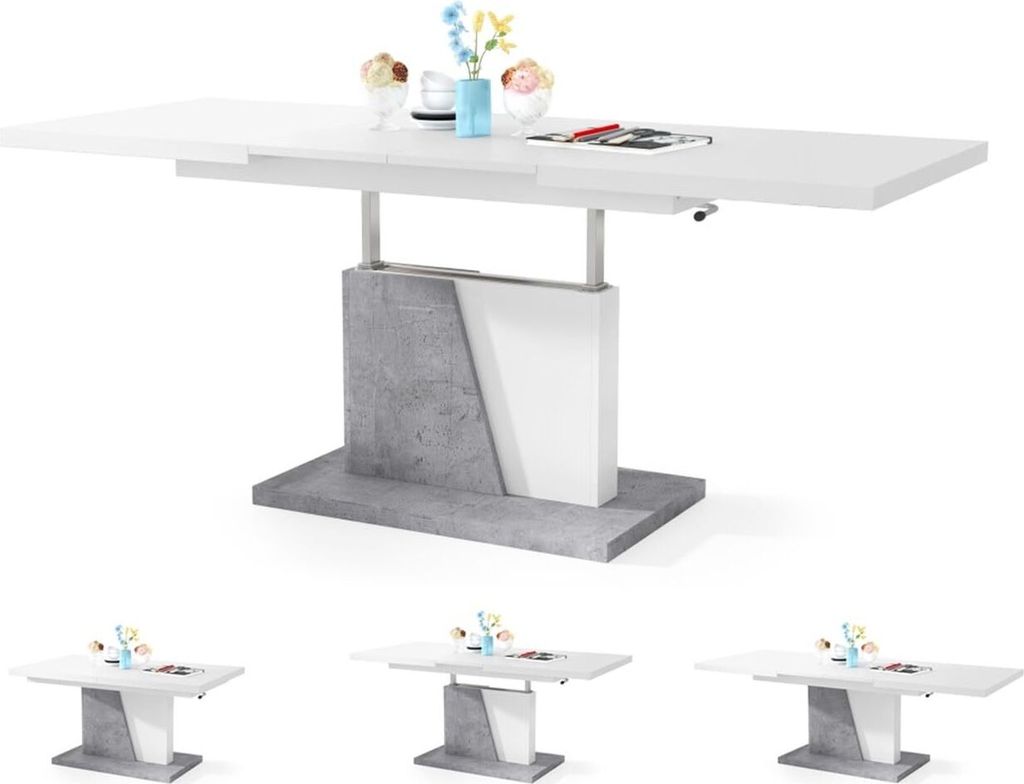 Esszimmertisch Grand , Esstisch , bis 180cm ausziehbar , höhenverstellbar , Küchentisch , Kitchen Table , 120x70cm , 05 , Weiß + Beton