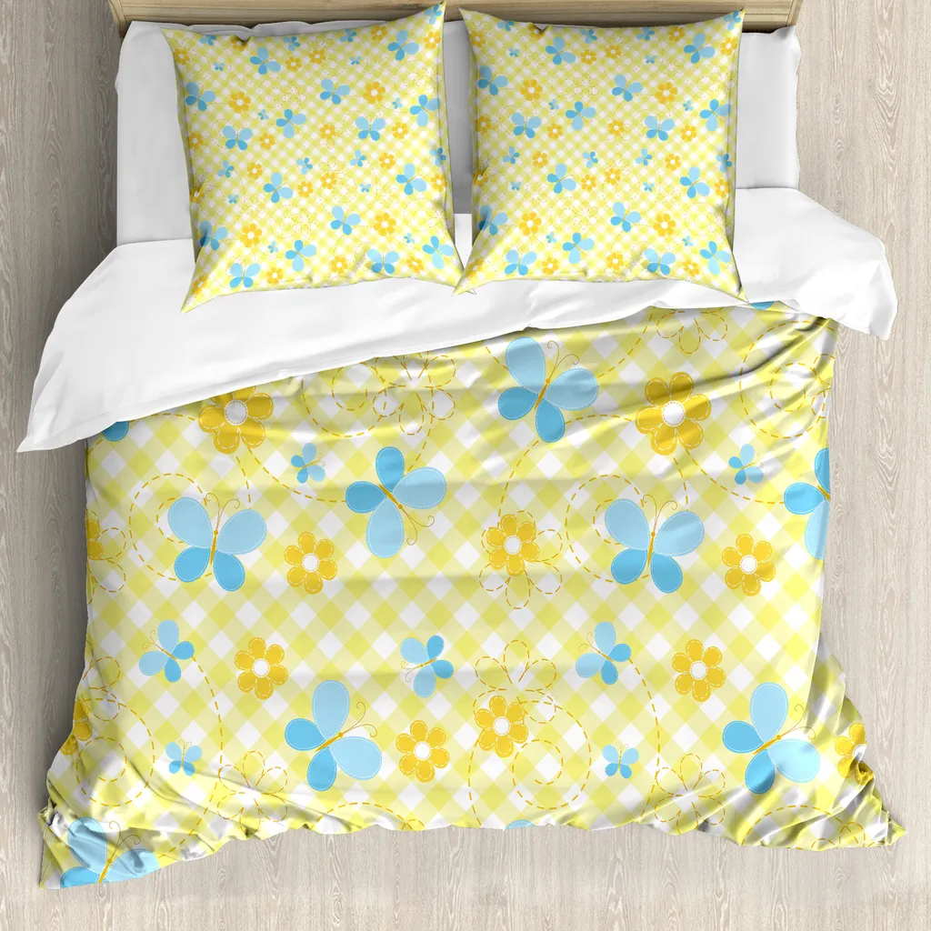Parure de lit 2 personnes motif carreaux et papillons bleu pastel