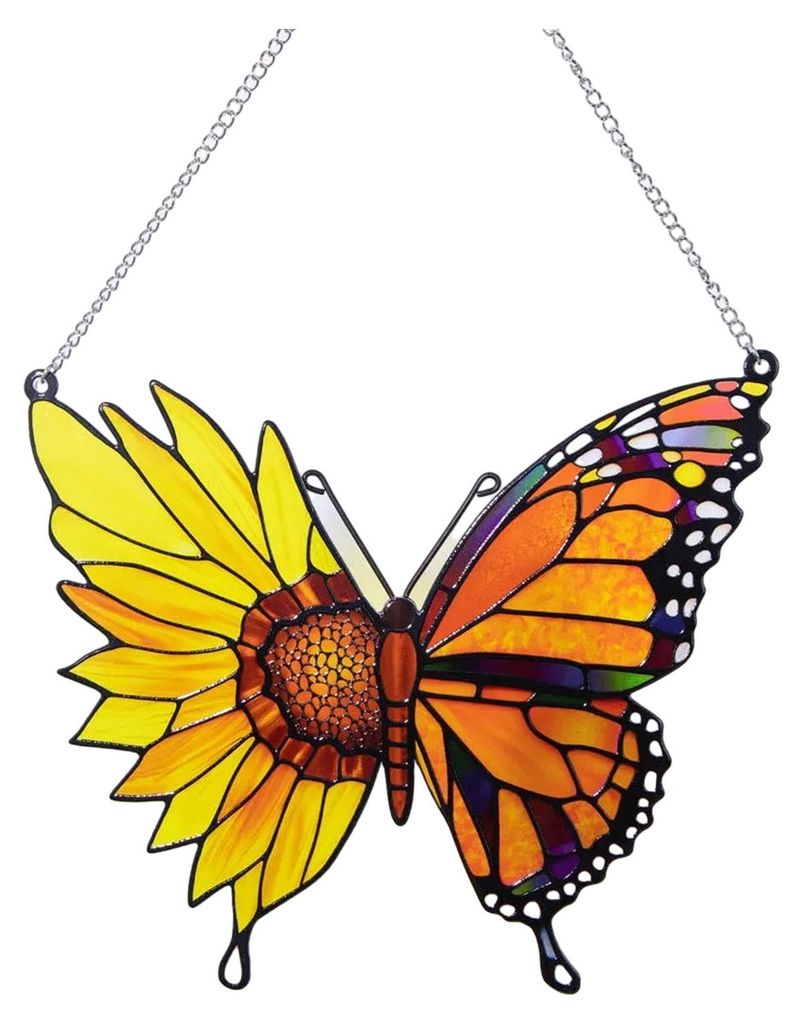 Bunter Sonnenfänger mit Buntglaseffekt, Schmetterling, Sonnenblume/Grüner Falter, Acryl-Fensterdekoration zum Aufhängen für Wohnzimmer, Schlafz...