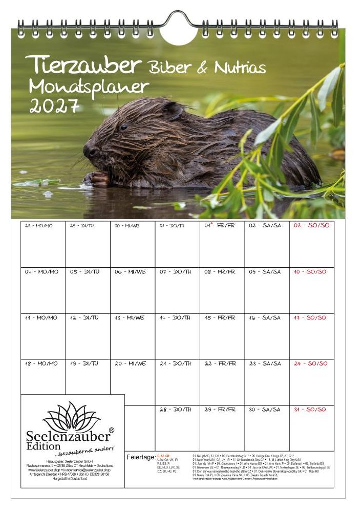 Tierzauber Biber und Nutrias Planer DIN A4 Kalender für 2027 Wald Natur Baum - Geschenkset Inhalt: 1x Kalender, 1x Weihnachtsanhänger (insgesamt ...