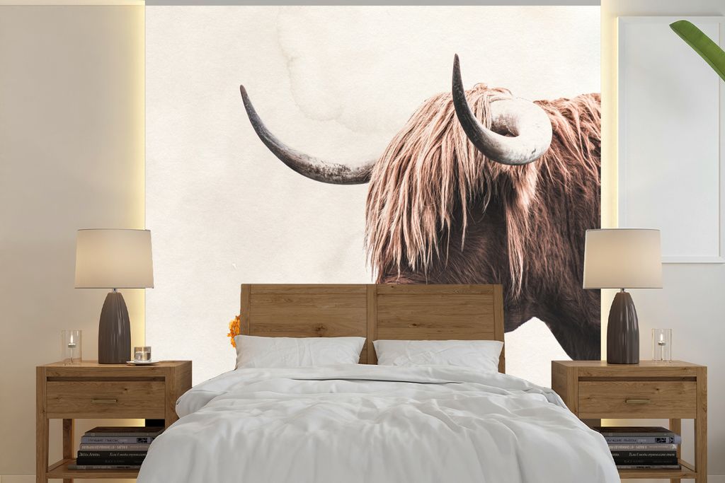 MuchoWow Fototapete für Wohnzimmer oder Schlafzimmer Wandtapete Vinyl Motivtapete Schottischer Highlander - Kuh - Blume - 350x350 cm - Schlafzim...