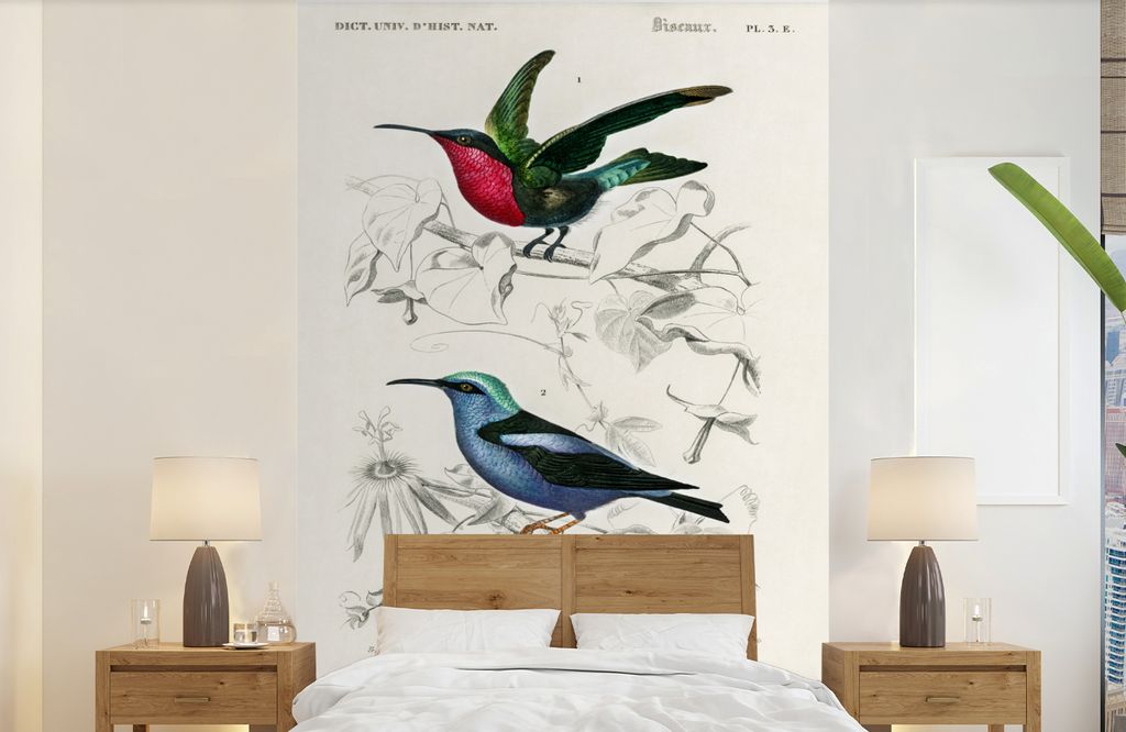 MuchoWow Fototapete für Wohnzimmer oder Schlafzimmer Wandtapete Vinyl Motivtapete Vogel - Vintage - Zweig - 140x220 cm - Fototapeten