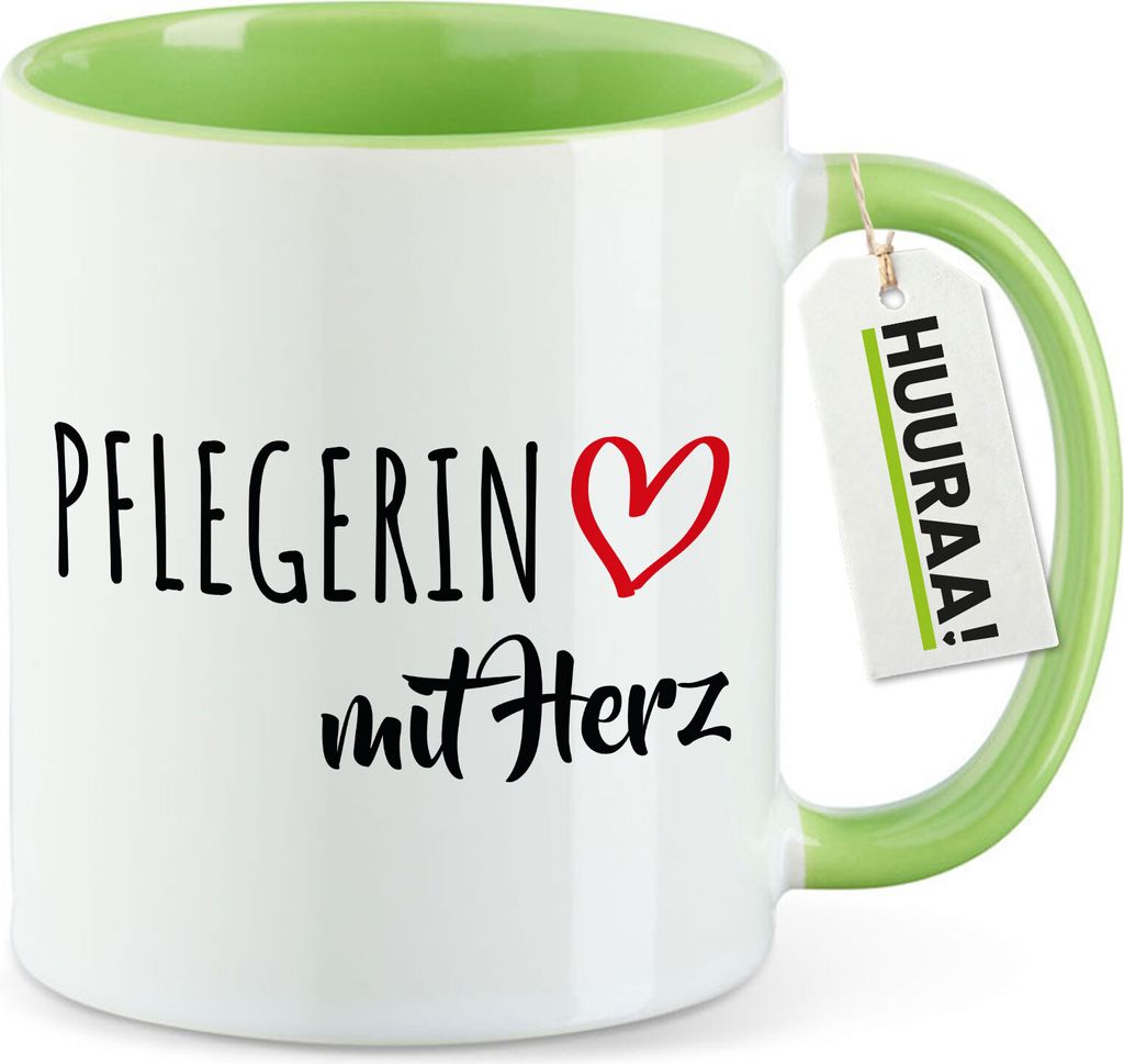 Huuraa Kaffeetasse Pflegerin mit Herz 330ml Grün Keramik Kaffeebecher Geschenkidee