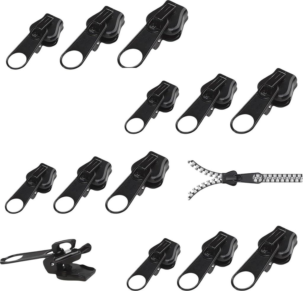 12 Stück Reißverschluss Schieber Ersatz, Abnehmbarer Zipper Pull Fixer in 3 Größen, Universelles Reißverschluss Reparaturset für Kleidung, Ta...