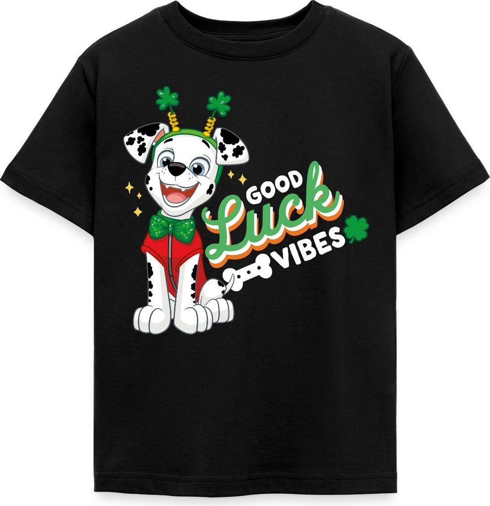 Spreadshirt Paw Patrol Marshall Good Luck Vibes Kinder T-Shirt, 122/128 (7-8 Jahre), Schwarz