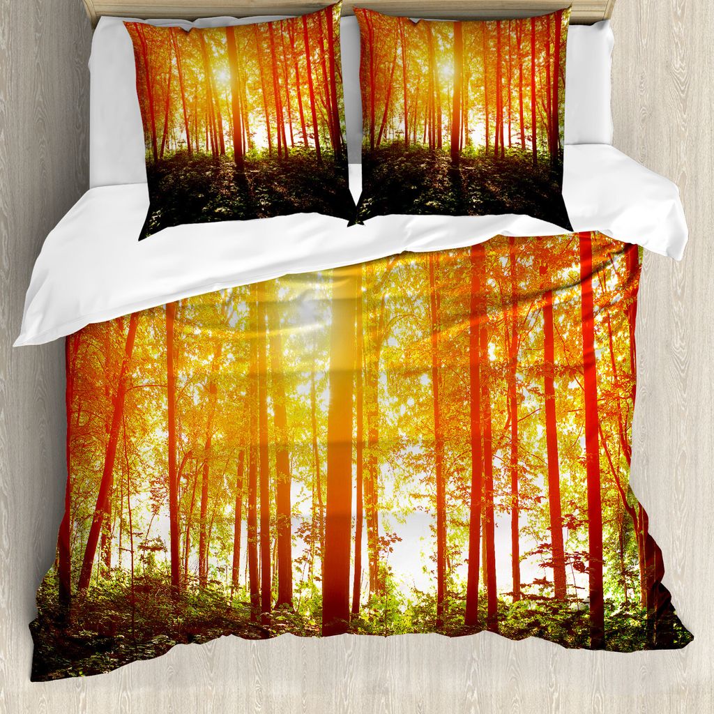 ABAKUHAUS Natur Bettbezug, Foggy Waldlandschaft, Milbensicher Allergiker geeignet mit Kissenbezügen, 155 cm x 220 cm - 80 x 80 cm, Orange Farn-Grün