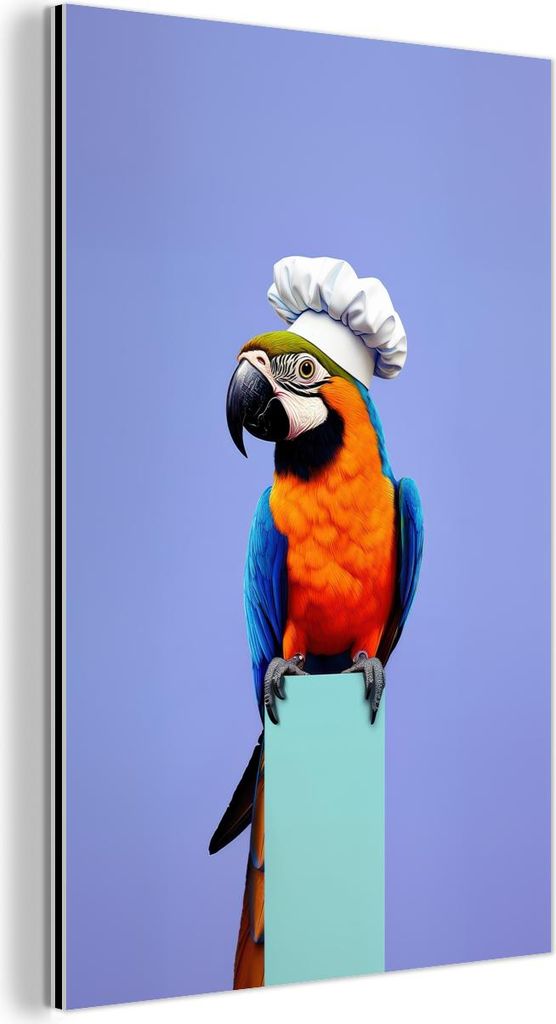 MuchoWow Wanddekoration Metall Metallbild Wandkunst 100x150 cm Papagei - Kochmütze - Vogel - Spaß MuchoWow Aluminium Gemälde - Bild