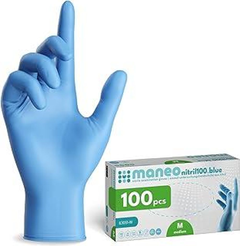 maneo 100x Einweghandschuhe Blau, Einmalhandschuhe in M, puderfreie Handschuhe Einweg, latexfreie Gummihandschuhe, Nitrilhandschuhe, Putz-, Koch- &...
