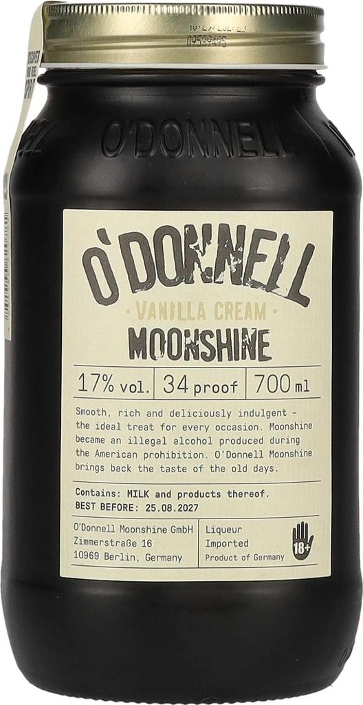 A bottle of O'Donnell Moonshine Vanilla Cream liqueur.