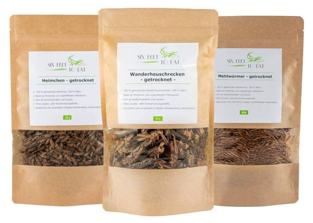 Essbare Insekten 3er-Pack – geröstete Heuschrecken, Grillen, Mehlwürmer