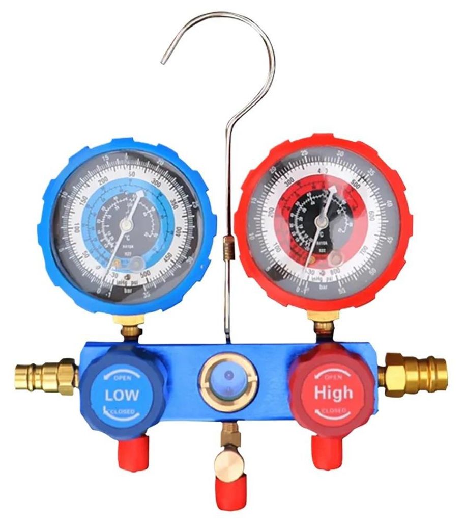Kältemittel-Messgerät für Kfz-Klimaanlage & Kühlung - Manifold-Set - Druckmanometer - Schläuche - Schnellkupplungen - Service-Kit