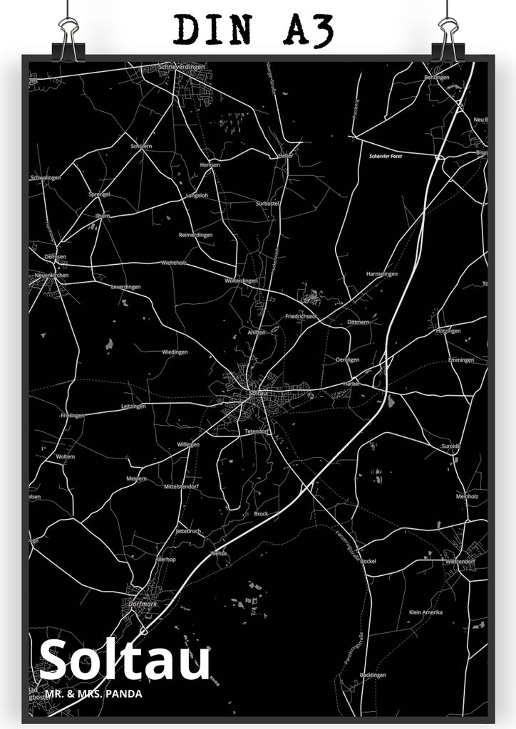 Mr. & Mrs. Panda Bild Soltau DIN A3 - Geschenk, Wandbild, drucke, Kunstdruck, Plakat, Stadt, wanddeko, Dorf Karte Landkarte Map Stadtplan