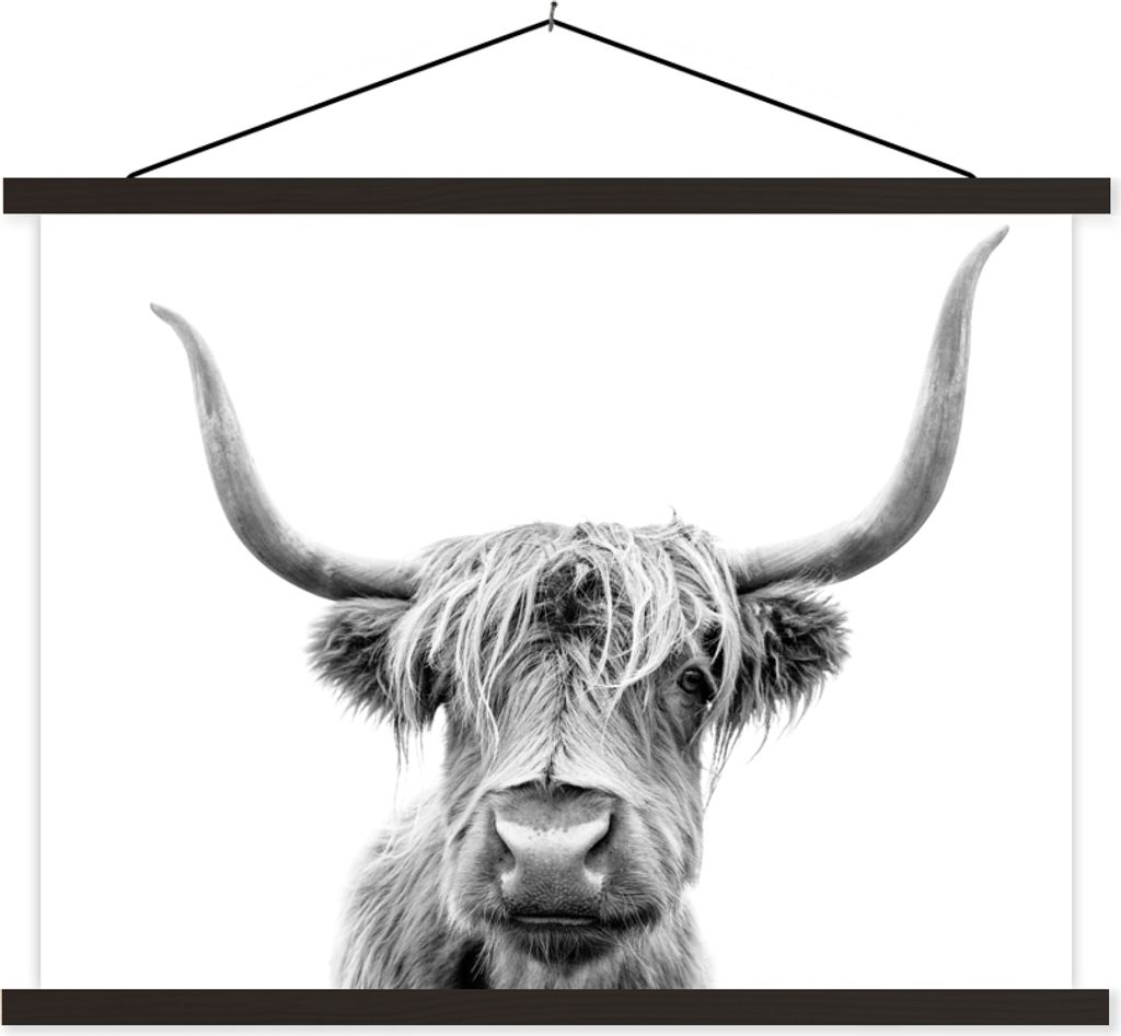 MuchoWow Textilposter Schottisches Hochlandrind - Kuh - Schwarz - Weiß 60x45 cm mit schwarzem Rahmen - Poster Schlafzimmer