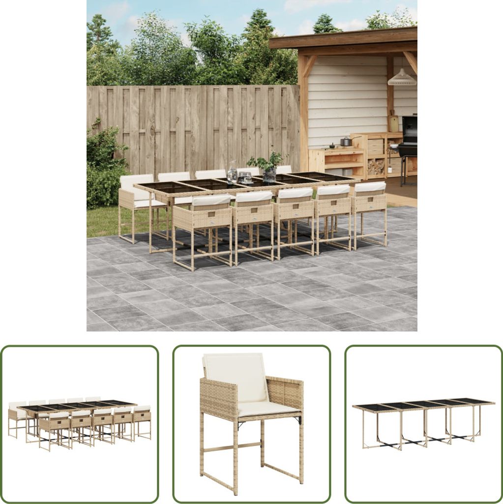 The Living Store 11-tlg. Garten-Essgruppe mit Kissen Beige Poly Rattan