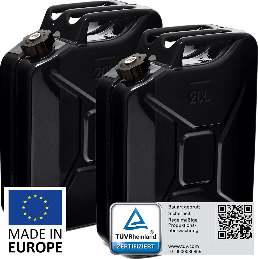 BW Kraftstoffkanister Metall Benzinkanister 2x 20 Liter mit Schraubverschluss - Schwarz RAL 9005 - UN-Zulassung - Hergestellt in Europa