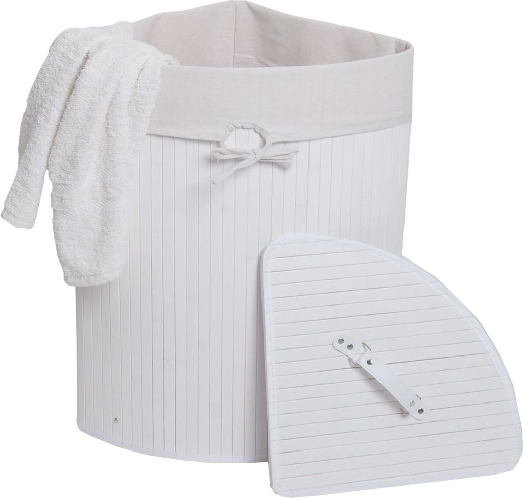 Eckwäschekorb MCW-C21, Laundry Wäschebox Wäschesammler Wäschebehälter, Bambus 61x48x35cm 50l weiß
