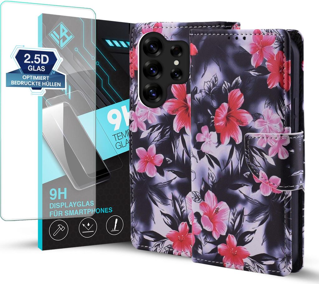 Handy Hülle für Samsung Galaxy S25 Ultra mit 9H Displayglas Klapphülle Bookcase Flip Cover Handy Tasche Etui Motiv: Blumen Hibiskus Blüten
