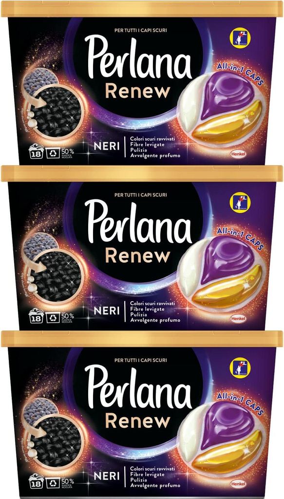 3 x Perlana Renew Neri All in 1 Caps Waschmittel für dunkle Kleidung - 3 Packungen mit je 18 Kapseln