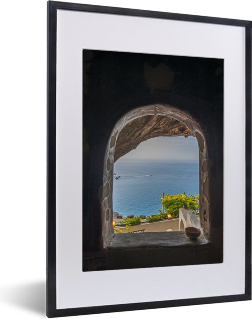 MuchoWow MuchoWow Gerahmtes Poster Blick auf das Meer durch ein Steinfenster 30x40 cm - Poster mit zchwarzem Bilderrahmen - Wandposter Schlafzi...